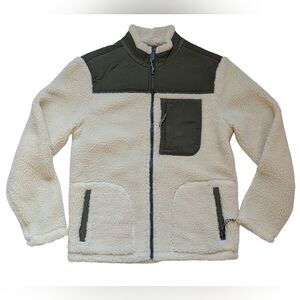 Faherty Cream Green Sherpa Fleece Shirt Jacket. Unisex Size Small, 40" Chest EUC
